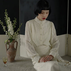 Classic standing collar jacquard lace embroidery floral shirt - MEIMMEIM(メイムメイム)