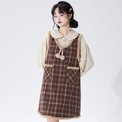 Coffee color plaid fur ball strapless sleeveless dress - MEIMMEIM(メイムメイム)