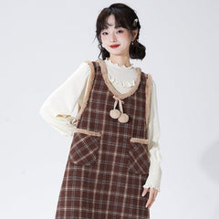 Coffee color plaid fur ball strapless sleeveless dress - MEIMMEIM(メイムメイム)