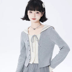 College navy collar fake two-piece knitted cardigan - MEIMMEIM(メイムメイム)