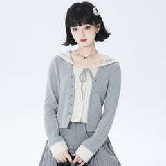 College navy collar fake two-piece knitted cardigan - MEIMMEIM(メイムメイム)