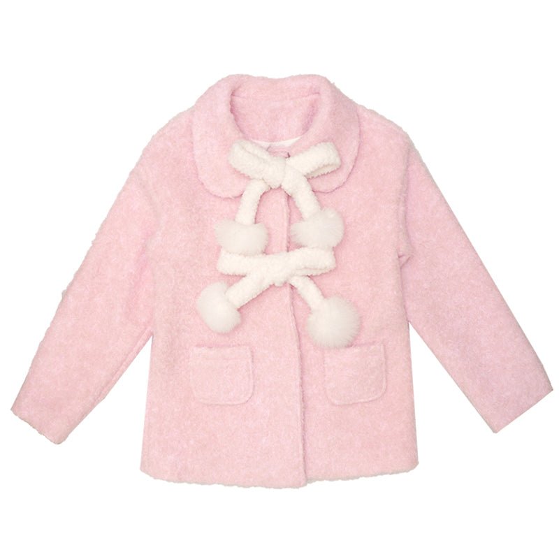 Comes bowknot plush ball cherry woolen coat jacket - MEIMMEIM(メイムメイム)