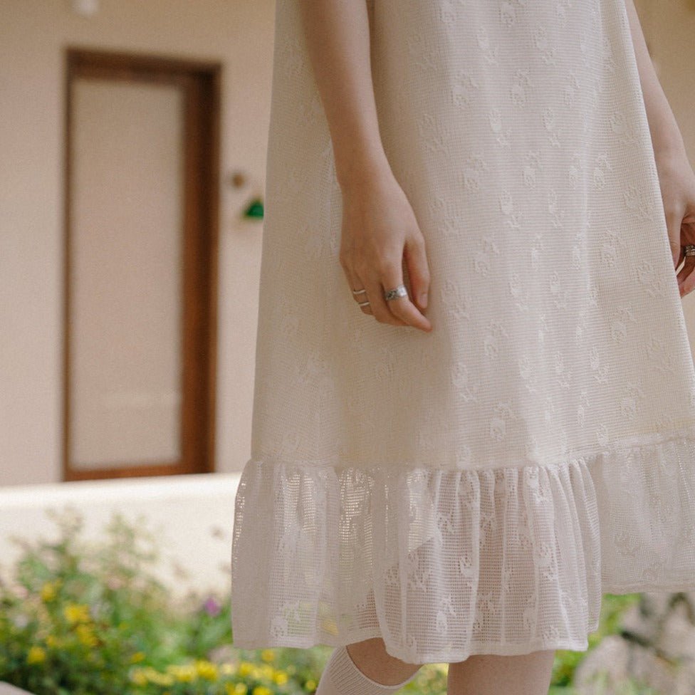 Cream rose lace dress short-sleeved elegant girl - MEIMMEIM(メイムメイム)