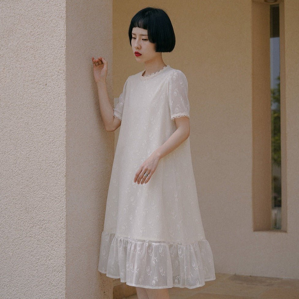 Cream rose lace dress short-sleeved elegant girl - MEIMMEIM(メイムメイム)