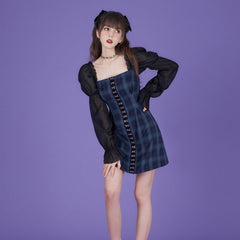 Dark blue French bubble long-sleeved waist slimming dress - MEIMMEIM(メイムメイム)