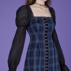 Dark blue French bubble long-sleeved waist slimming dress - MEIMMEIM(メイムメイム)