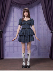 Dark Blue Plaid Waist Slimming Cake Dress - MEIMMEIM(メイムメイム)