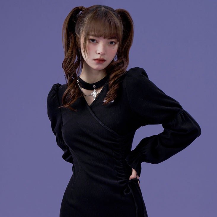 Dark V-neck puff sleeves cross chocker knitted dress - MEIMMEIM(メイムメイム)