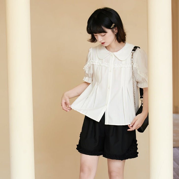 Doll collar white shirt short-sleeved puff-sleeved shirt - MEIMMEIM(メイムメイム)
