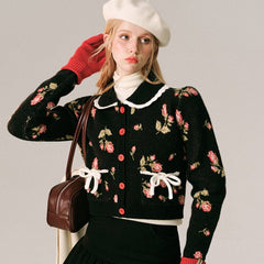 Doll Neck Knit Cardigan Jacquard Christmas Sweater - MEIMMEIM(メイムメイム)