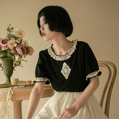 Embossed pattern embroidered French black short-sleeved T-shirt - MEIMMEIM(メイムメイム)