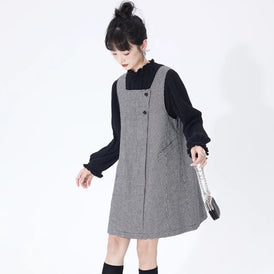 Fake two-piece woolen houndstooth square-neck mid-length sleeveless dress - MEIMMEIM(メイムメイム)