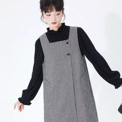 Fake two-piece woolen houndstooth square-neck mid-length sleeveless dress - MEIMMEIM(メイムメイム)