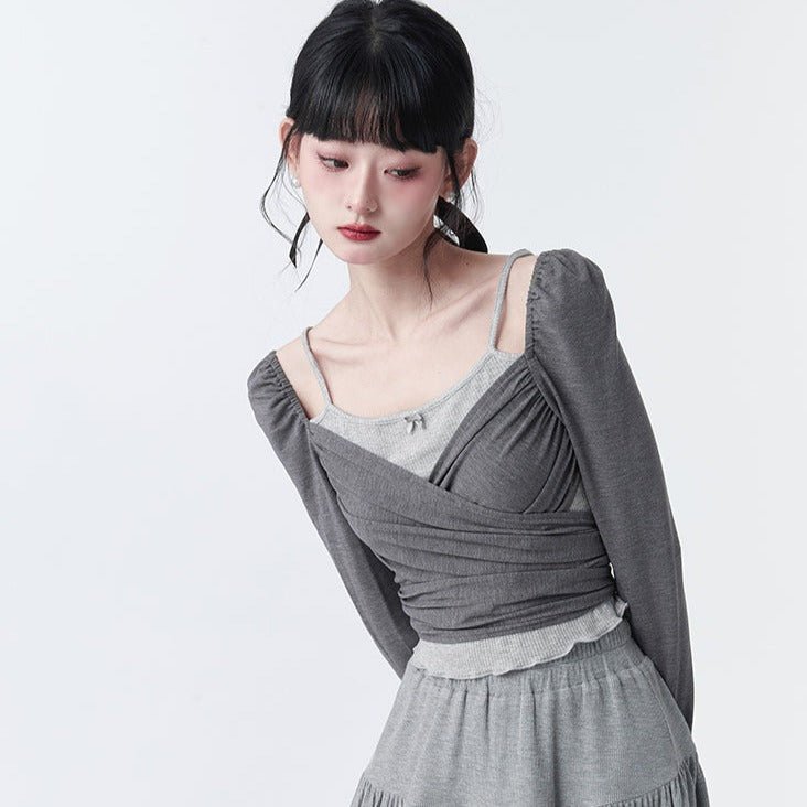 Fake two-piece wrap-style knitted sweater - MEIMMEIM(メイムメイム)