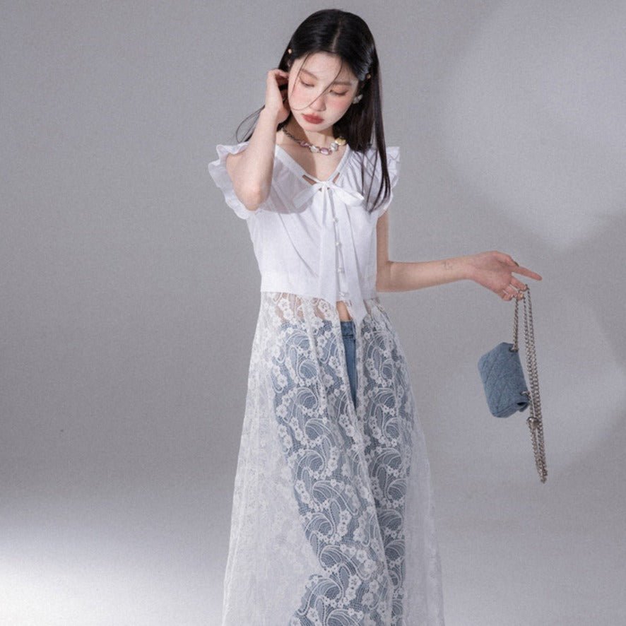 Fashionable layered lace blouse dress in white - MEIMMEIM(メイムメイム)