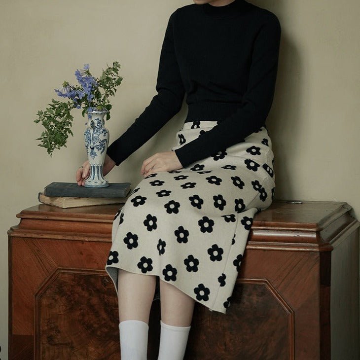 Floral knit skirt middle-length loose straight skirt - MEIMMEIM(メイムメイム)