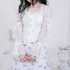 Flower lace pearl see-through long-sleeved shirt - ANM CHANNEL