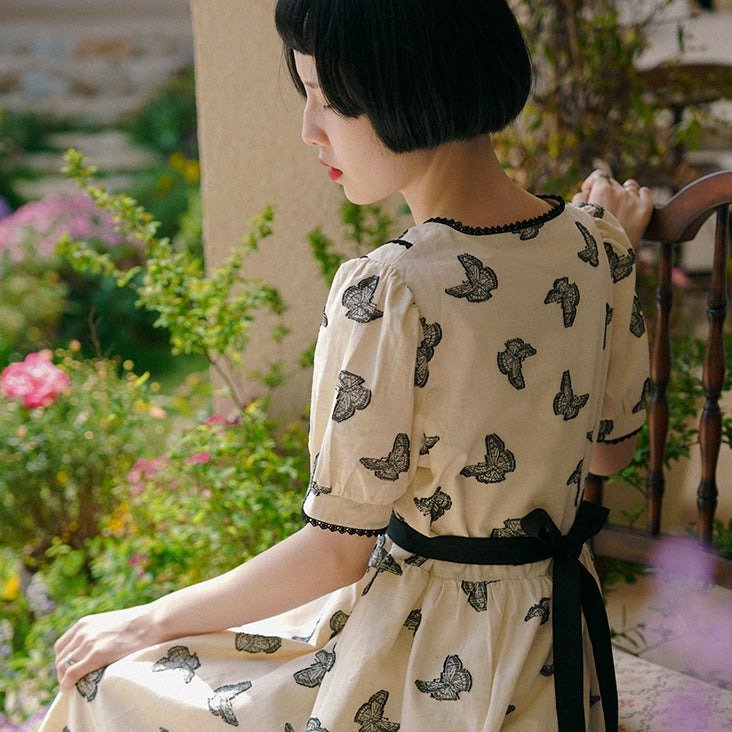 French Girl Butterfly Fairy Print V Neck Dress - MEIMMEIM(メイムメイム)