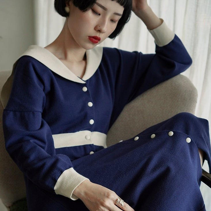 French girl knitted stretch navy collar knitted dress - MEIMMEIM(メイムメイム)