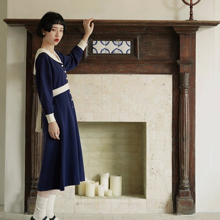 French girl knitted stretch navy collar knitted dress - MEIMMEIM(メイムメイム)