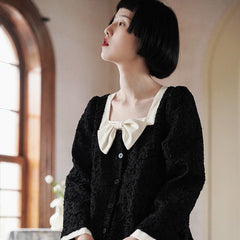 French girly square neck bow dress black skirt - MEIMMEIM(メイムメイム)