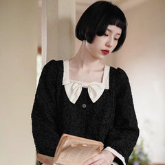 French girly square neck bow dress black skirt - MEIMMEIM(メイムメイム)