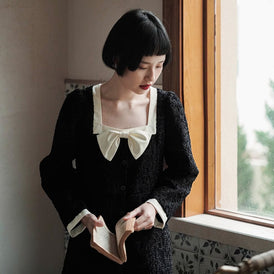 French girly square neck bow dress black skirt - MEIMMEIM(メイムメイム)