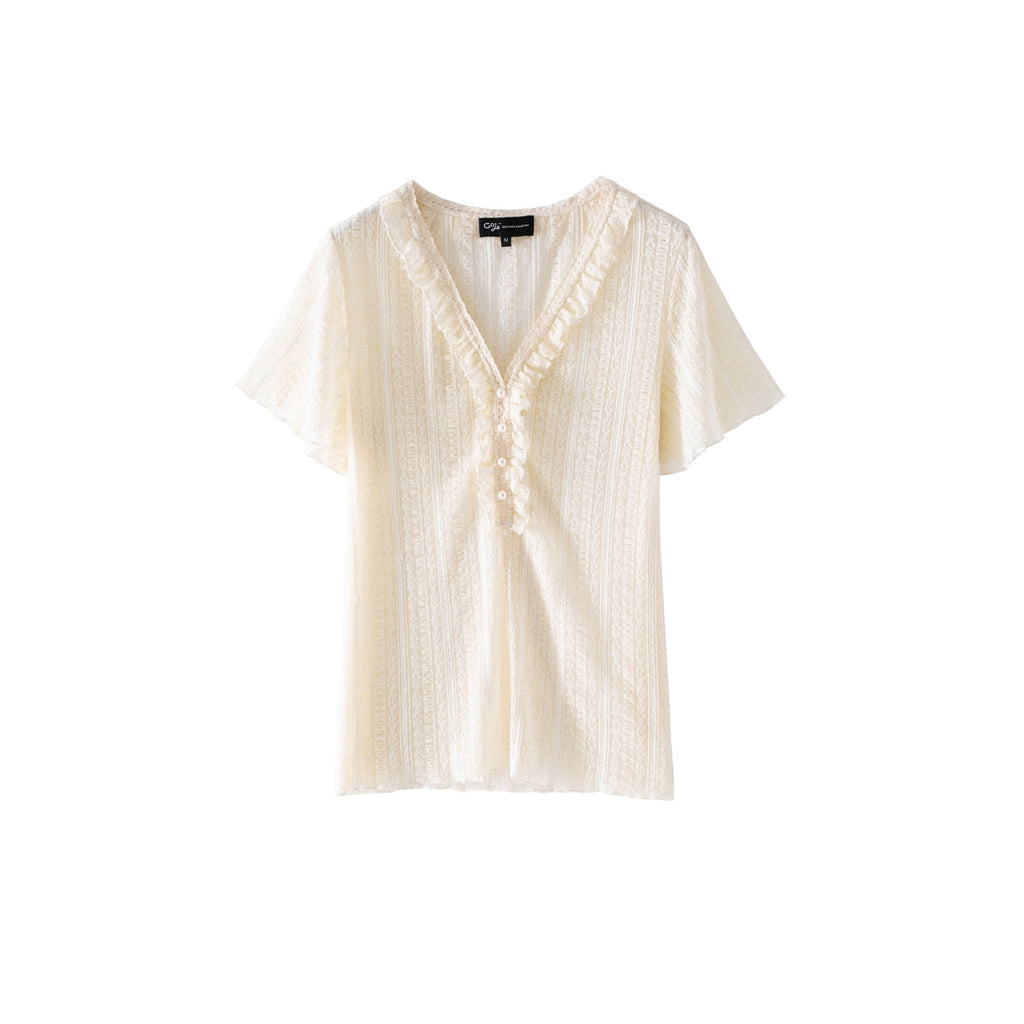 French short-sleeved lace pearl button V-neck shirt - MEIMMEIM(メイムメイム)