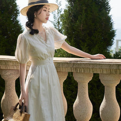 French v-neck waist white dress - MEIMMEIM(メイムメイム)