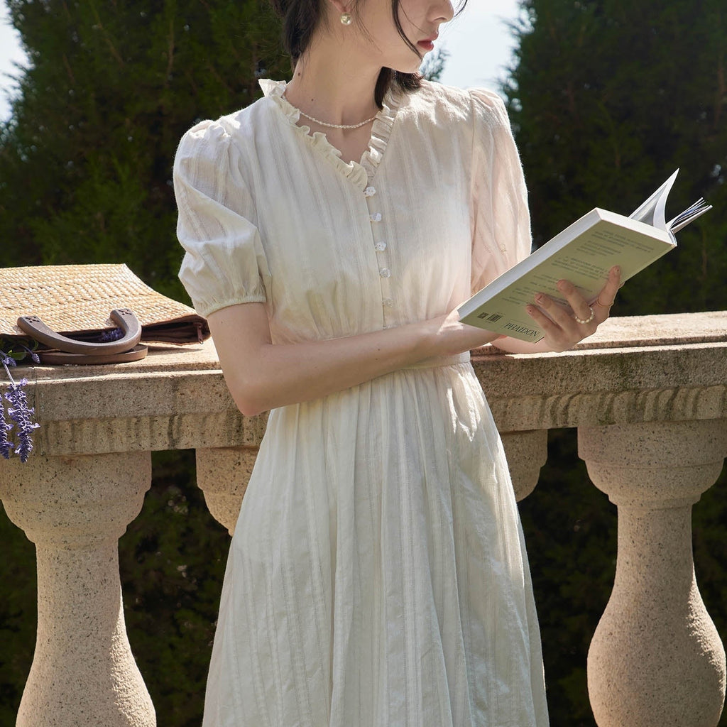 French v-neck waist white dress - MEIMMEIM(メイムメイム)