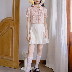 Girly Love Jacquard Bow Short Cardigan Shirt - MEIMMEIM(メイムメイム)