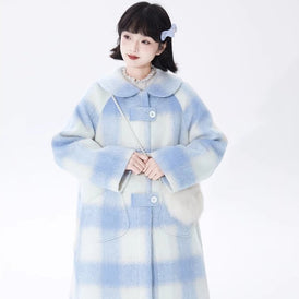 Good Tailored Blue and White Plaid Woolen Coat - MEIMMEIM(メイムメイム)