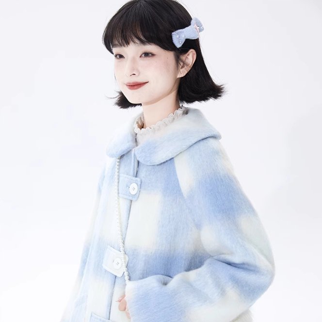 Good Tailored Blue and White Plaid Woolen Coat - MEIMMEIM(メイムメイム)