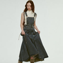 Grained Gray and Blue Adjustable Suspender Long Skirt - MEIMMEIM(メイムメイム)