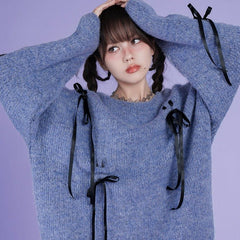 Gray and blue tie ribbon round neck sweater - MEIMMEIM(メイムメイム)