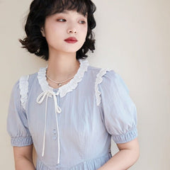 Gray blue shirt skirt ruffled lace collar dress - MEIMMEIM(メイムメイム)