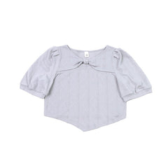 Gray bow short knitted sweater short-sleeved pullover top - MEIMMEIM(メイムメイム)