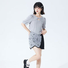 Gray bow short knitted sweater short-sleeved pullover top - MEIMMEIM(メイムメイム)