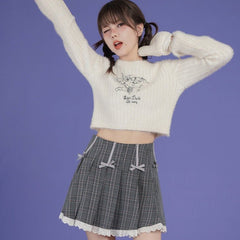 Gray plaid bow high waist skirt pleated skirt - MEIMMEIM(メイムメイム)