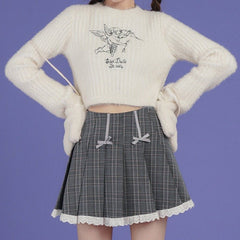 Gray plaid bow high waist skirt pleated skirt - MEIMMEIM(メイムメイム)