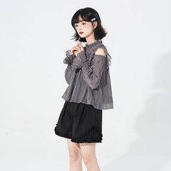Gray plaid open shoulder wrinkled lace long-sleeved shirt - MEIMMEIM(メイムメイム)