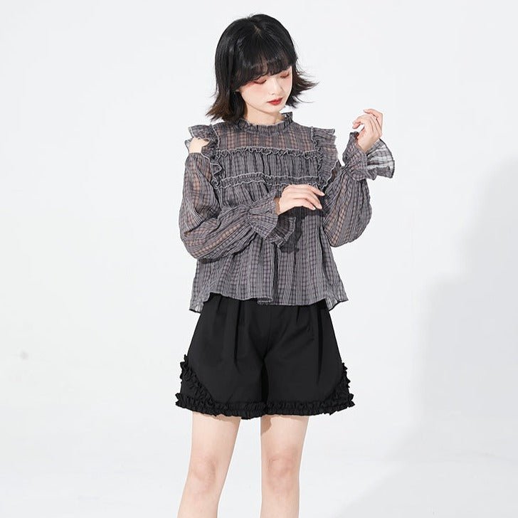 Gray plaid open shoulder wrinkled lace long-sleeved shirt - MEIMMEIM(メイムメイム)