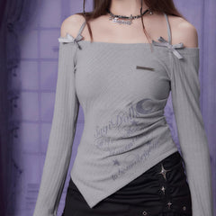 Gray printed irregular hem T-shirt with halter neck - MEIMMEIM(メイムメイム)