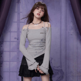 Gray printed irregular hem T-shirt with halter neck - MEIMMEIM(メイムメイム)