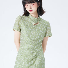 Green Cheongsam Skirt Butterfly Jacquard Asymmetric Wrinkled Dress - MEIMMEIM(メイムメイム)