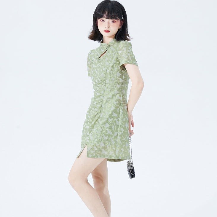 Green Cheongsam Skirt Butterfly Jacquard Asymmetric Wrinkled Dress - MEIMMEIM(メイムメイム)