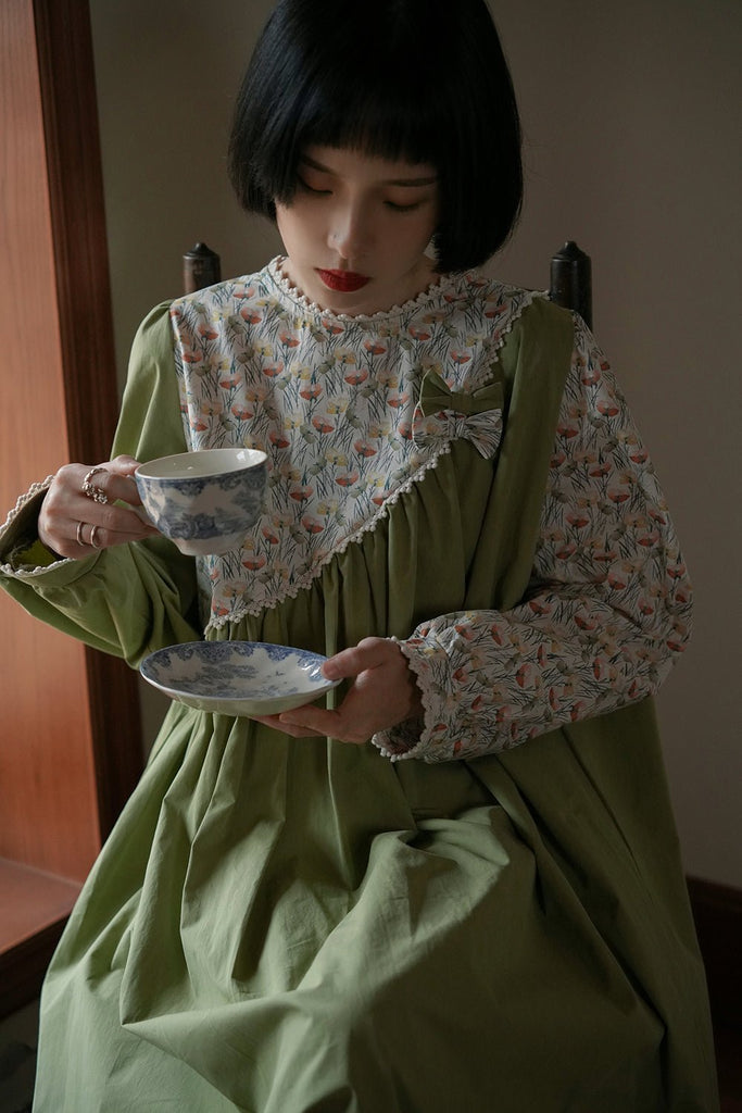Green fafa floral dress female bow princess skirt - MEIMMEIM(メイムメイム)