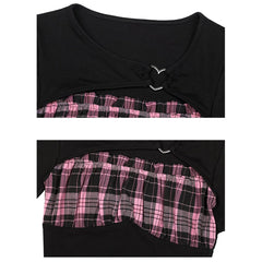 Grid tube top fake two short-sleeved T-shirt tops - MEIMMEIM(メイムメイム)