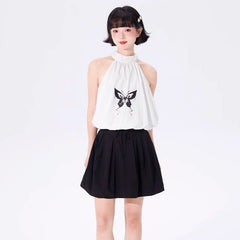 Halter Neck Vest Butterfly Print Sleeveless Camisole Top - MEIMMEIM(メイムメイム)