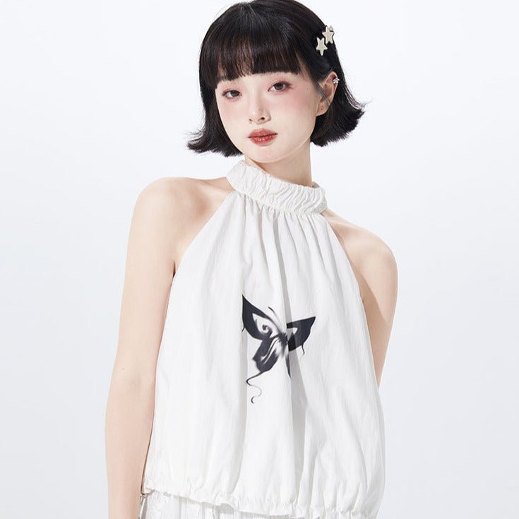 Halter Neck Vest Butterfly Print Sleeveless Camisole Top - MEIMMEIM(メイムメイム)